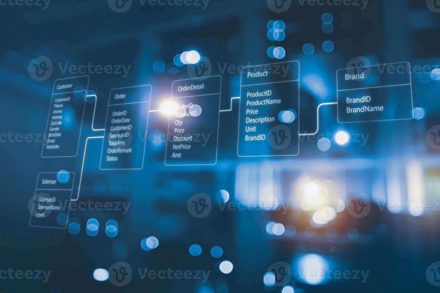 Relational database tables with server room and datacenter background. Concept of database diagram design. photo