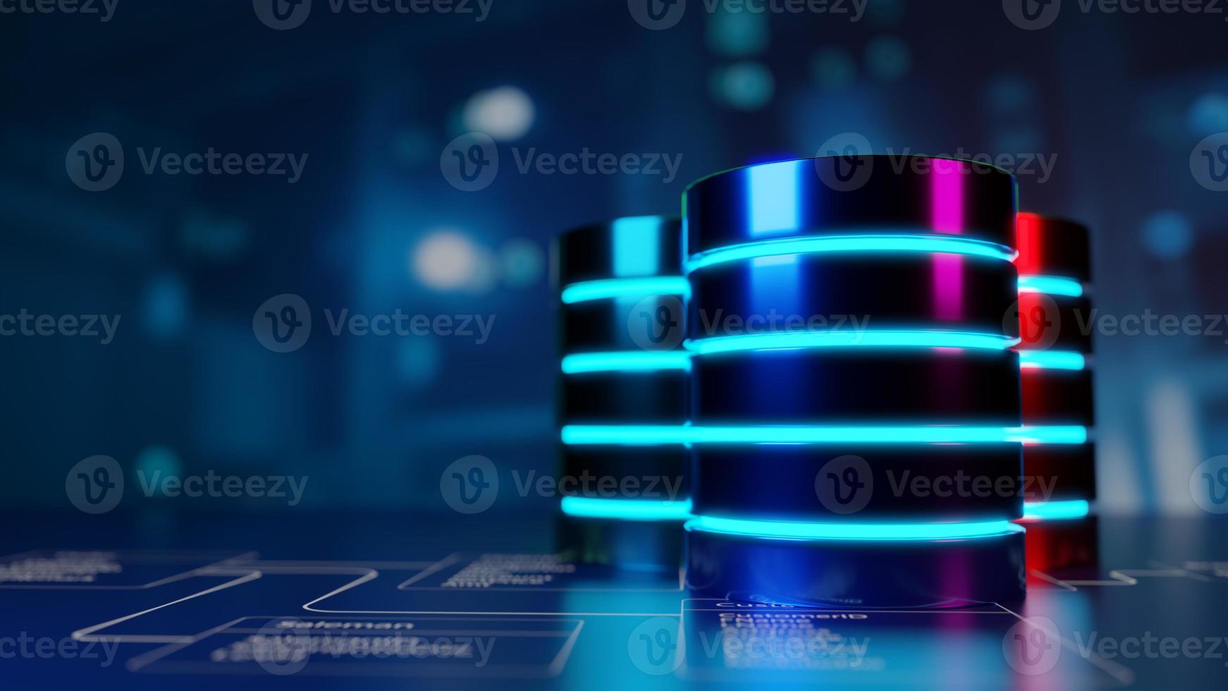 Multiple database is placed on Relational database tables with server room and datacenter background. Concept of database server, SQL, data storage, database diagram design. 3D illustration. photo