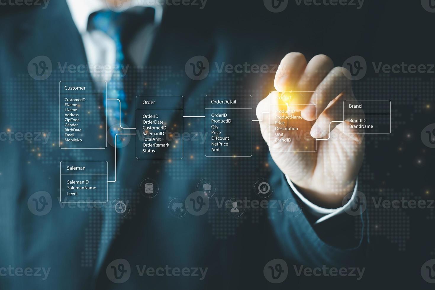System analyst or businessman drawing relational database tables. Concept of database diagram design. photo