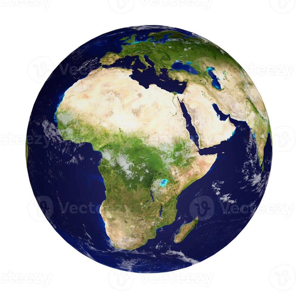 planeta tierra con nubes aisladas en fondo blanco, continentes de áfrica y europa. elementos de esta imagen proporcionada por la nasa. representación 3d foto
