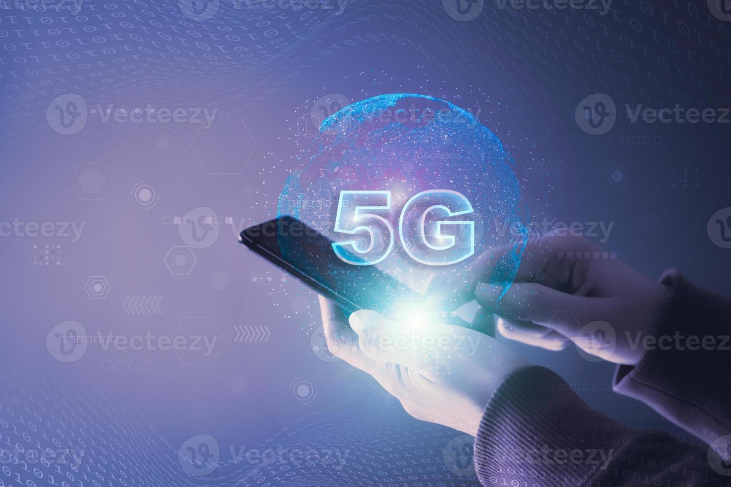 Woman using smartphone. 5G network concept with global network connection. 5G digital communication technology, Social media, IoT Internet of Things. photo
