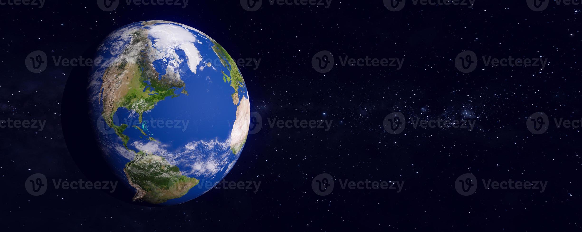 Panoramic view of the earth and galaxy. Blue planet. The World Globe from Space. Showing North America and South America. 3D rendering illustration. Elements of this image furnished by NASA. photo