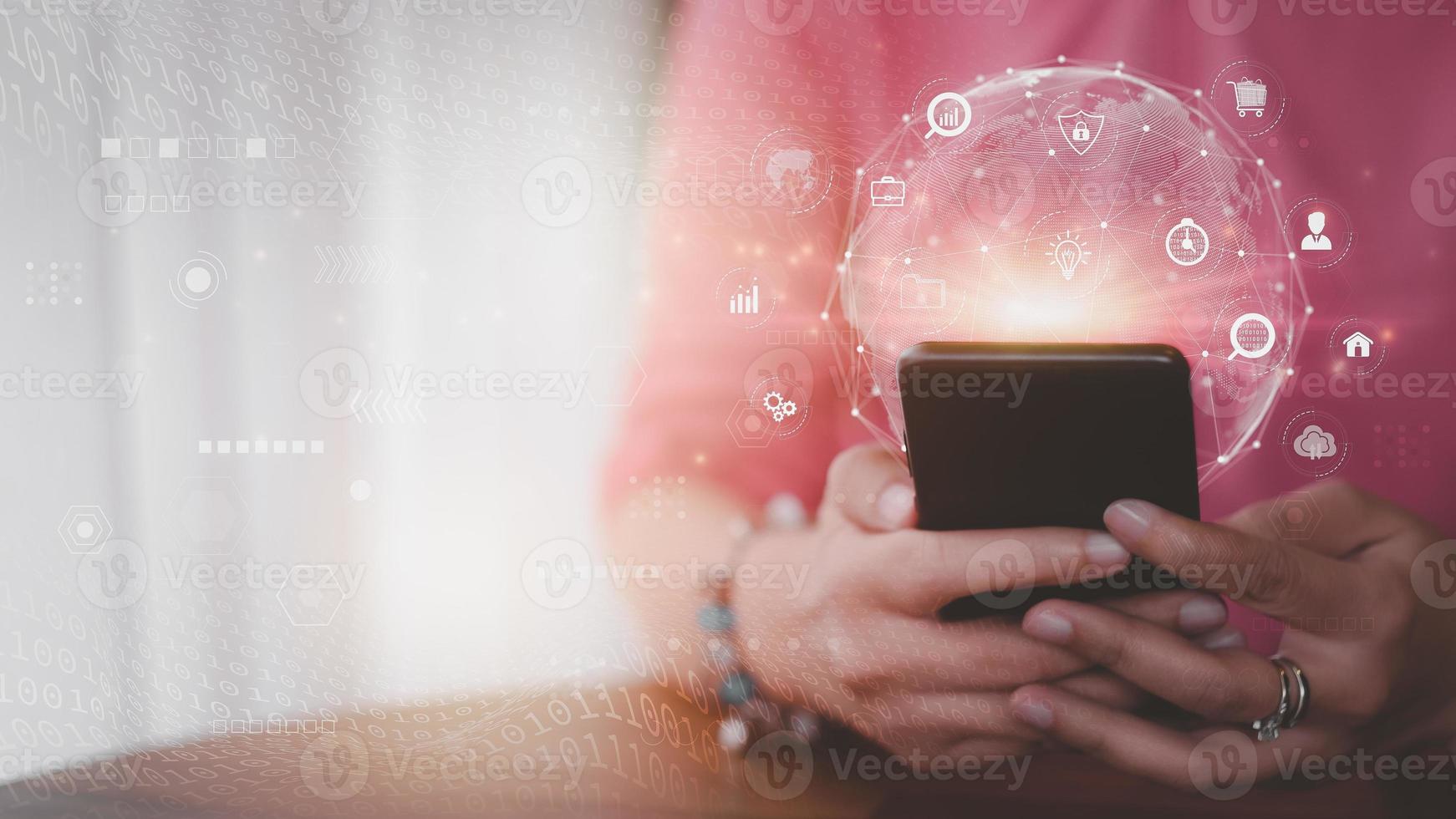 Women are using smart phone to do online transactions with internet technology, Online marketing, Data searching, Internet of things, Concept of global data connection by internet technology. photo