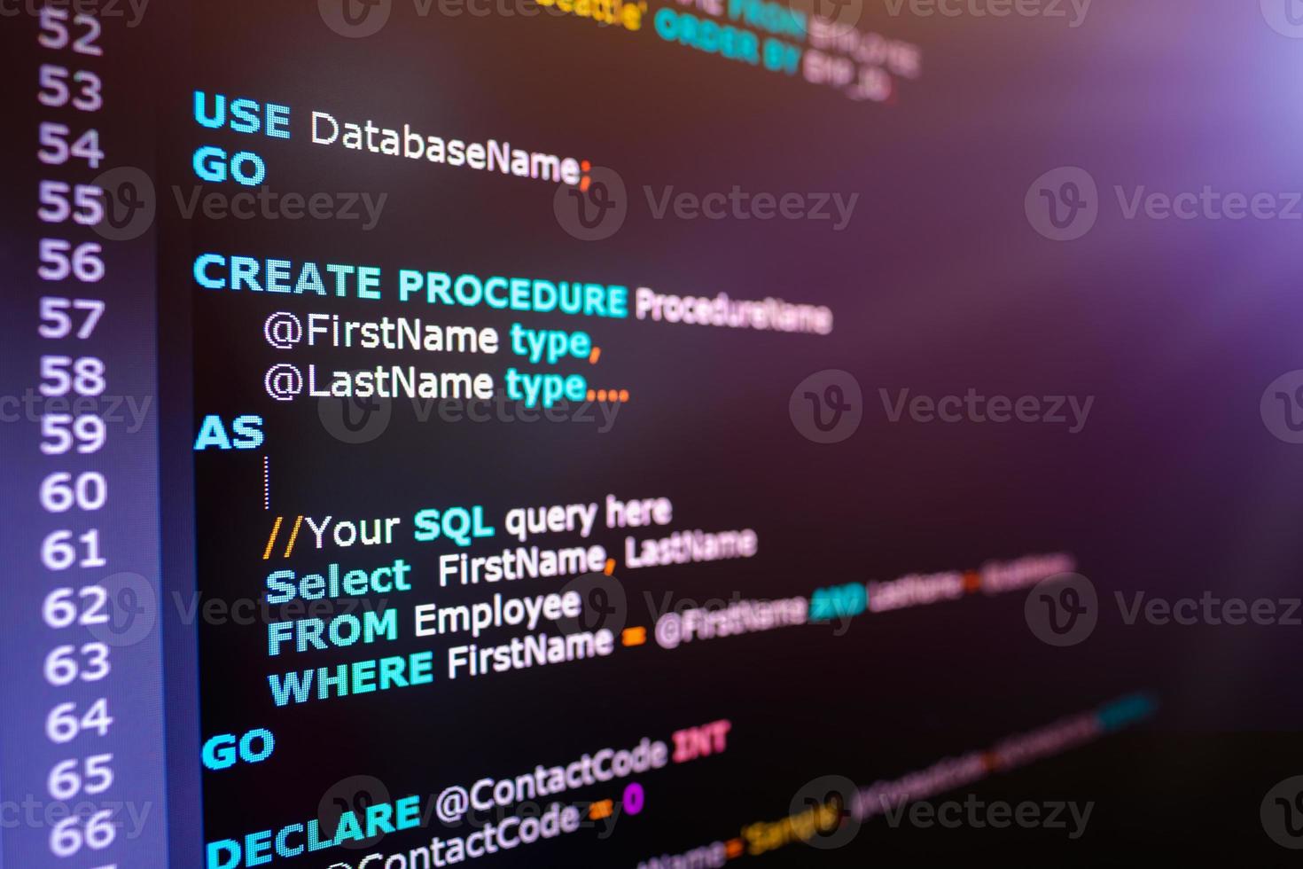 SQL or Structured Query Language code on computer monitor. Example of SQL code to query data from a database. photo