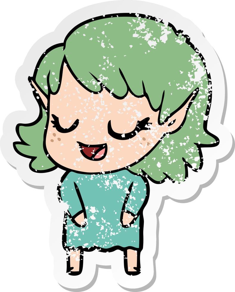 distressed sticker of a happy cartoon elf girl vector