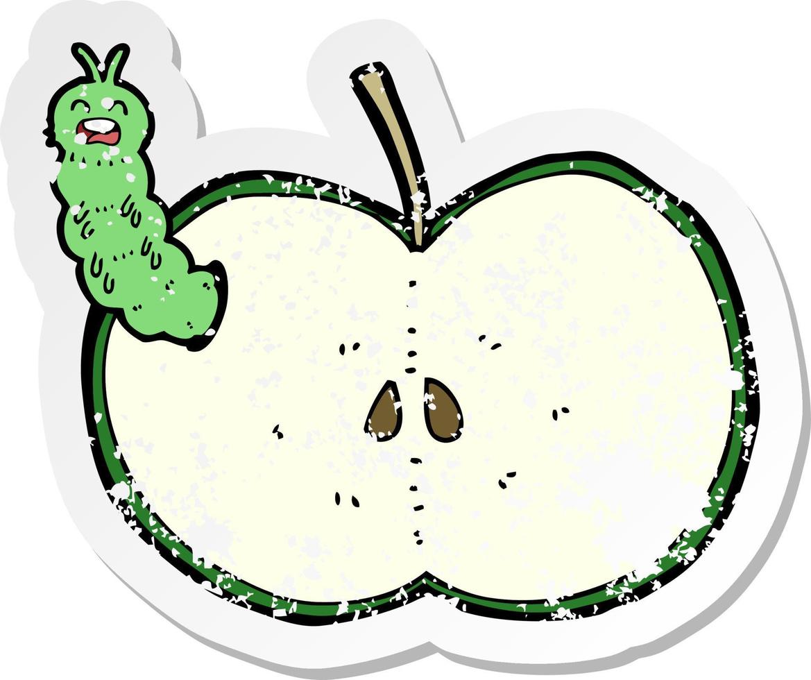 retro distressed sticker of a cartoon bug eating apple vector