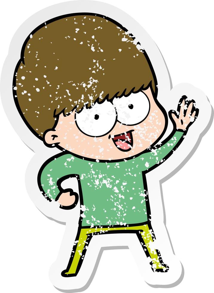 distressed sticker of a happy cartoon boy vector