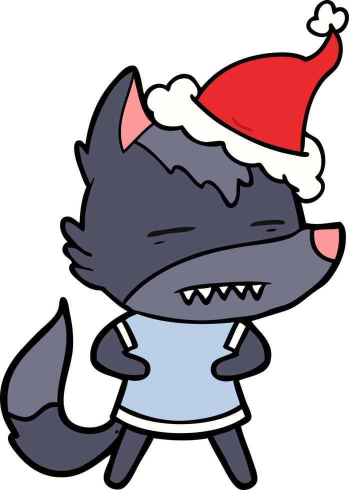 line drawing of a wolf showing teeth wearing santa hat vector