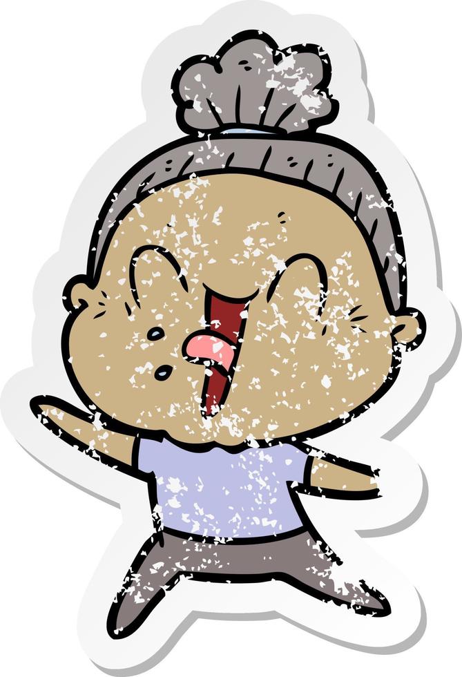 distressed sticker of a cartoon happy old woman vector
