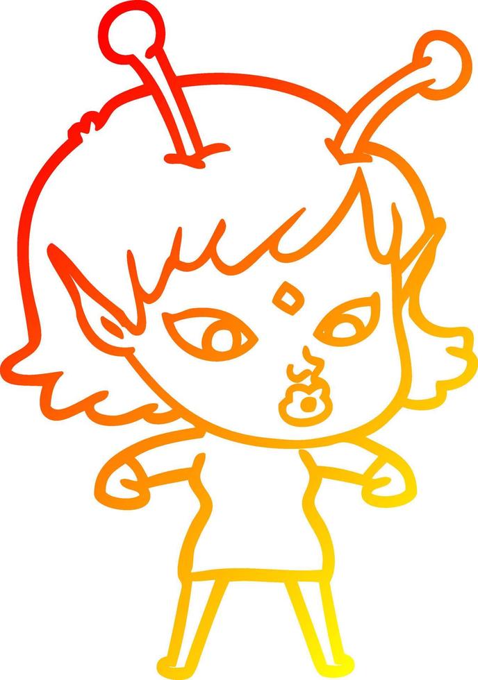 warm gradient line drawing pretty cartoon alien girl vector