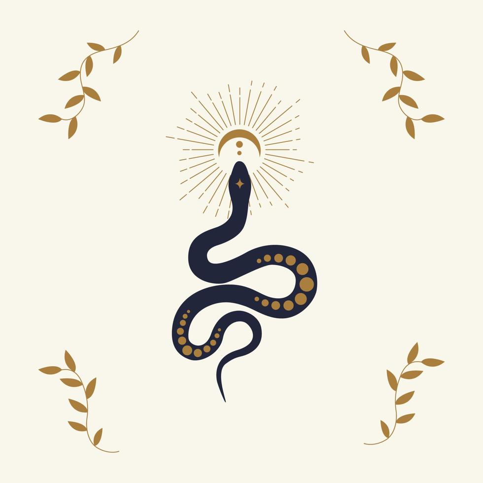 Magic snake with moon, star and crescents. Mystical symbols in a trendy minimalist style on a light background. Cosmic minimalistic scene with snake, branch, celestial bodies. vector