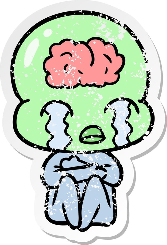 distressed sticker of a cartoon big brain alien crying vector