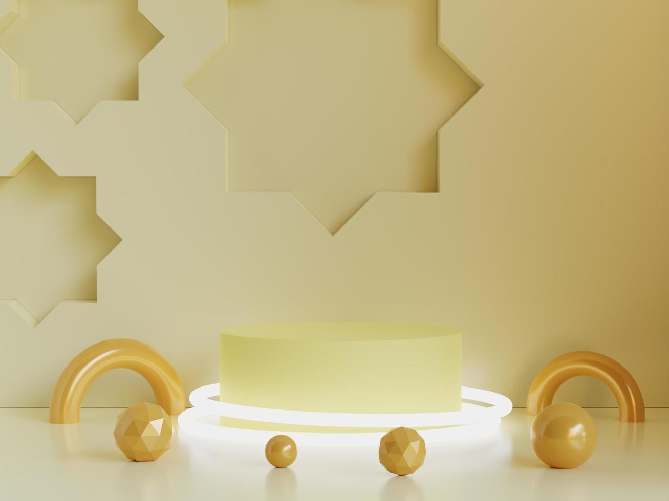 Islamic podium product, with neon light,geometric shape 3D renderings photo