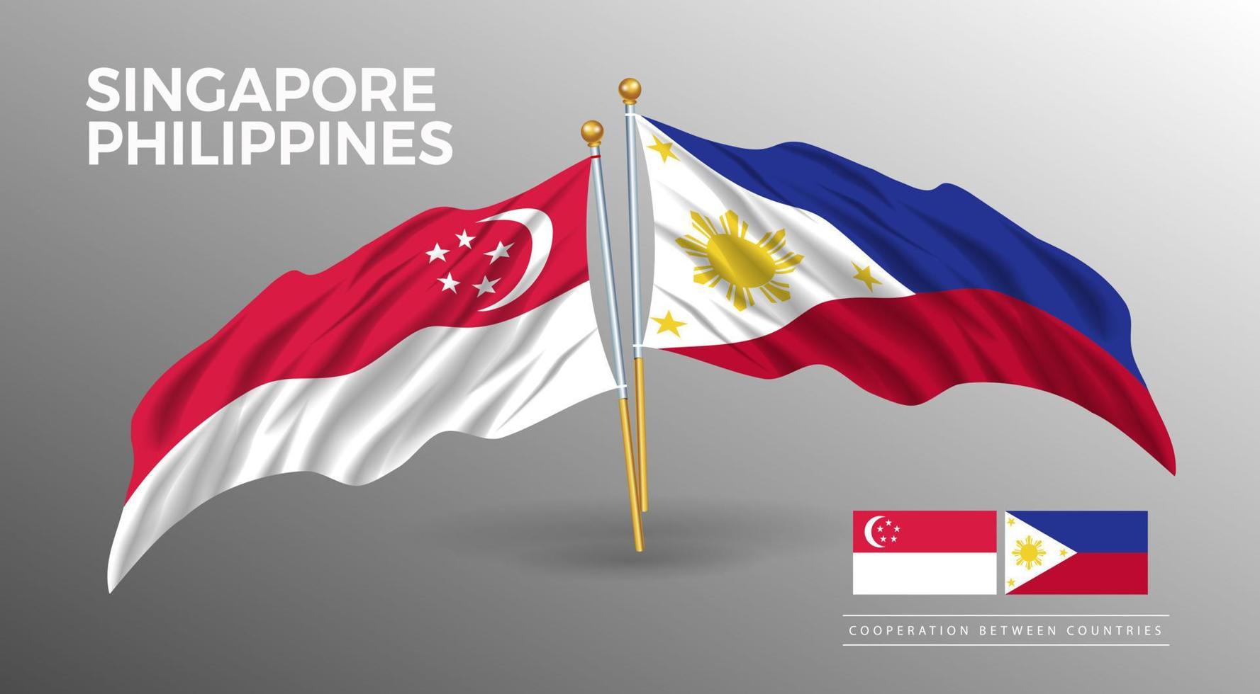 cartel de la bandera de singapur y filipinas. dibujo de estilo de bandera de país realista vector