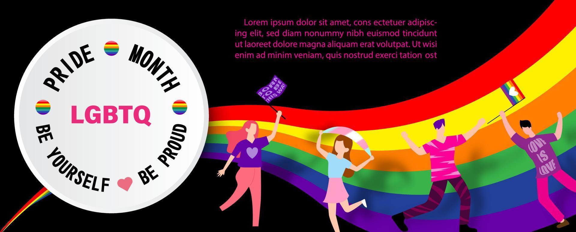 grupo de jóvenes bailando alegremente en la barra de 6 colores de la bandera del orgullo con palabras sobre la campaña de derechos lgbt en pancarta blanca y textos de ejemplo sobre fondo negro. vector