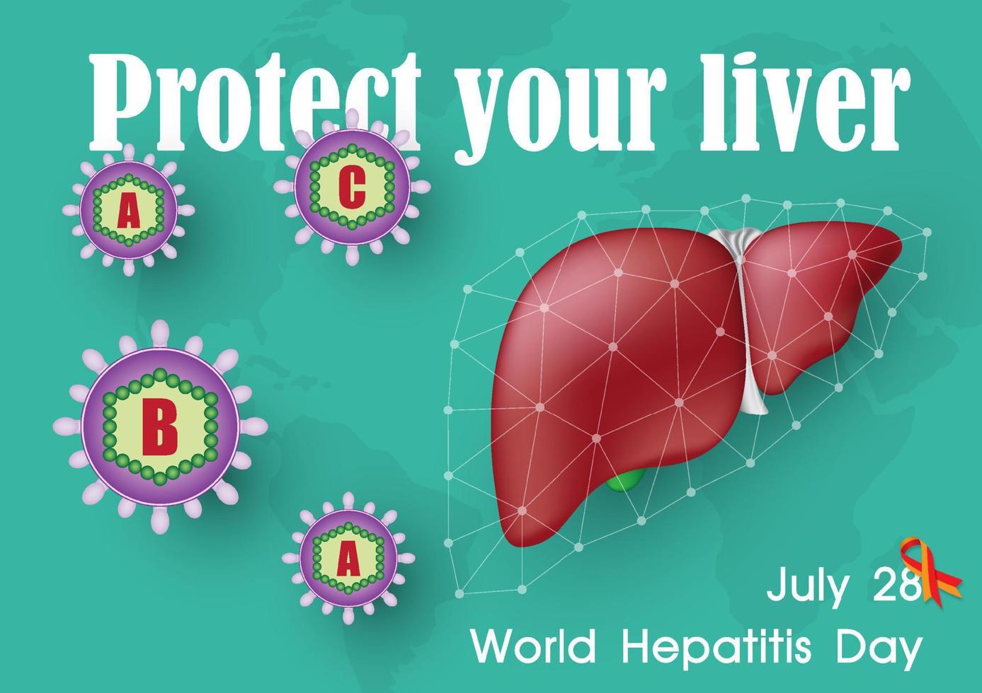 Human liver protected from net with hepatitis virus with slogan and the days with name letters of event campaign on green background. All in vector design.