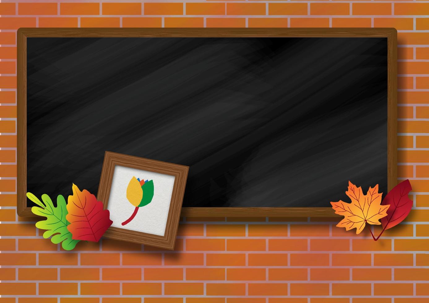 Small wooden photo frame with autumn leaves on school blackboard and brick wall background. All in vector design.
