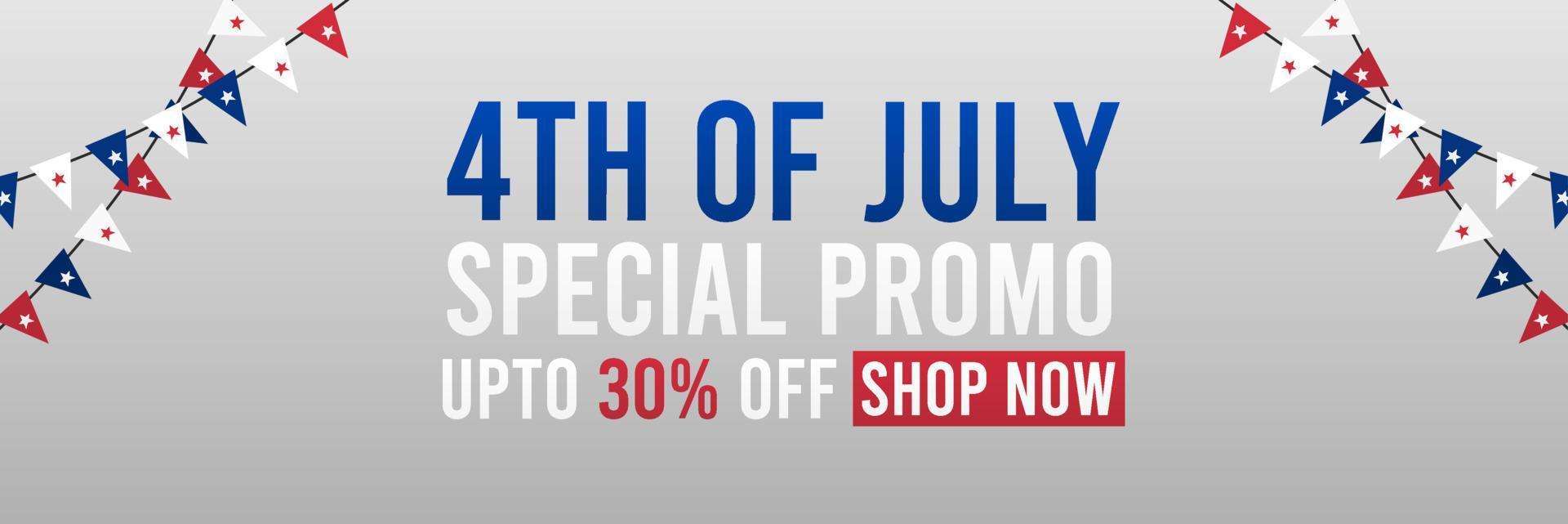 Banner de oferta especial del día de la independencia americana del 4 de julio para encabezados de sitios web, publicidad, marketing, descuentos, promociones y más vector