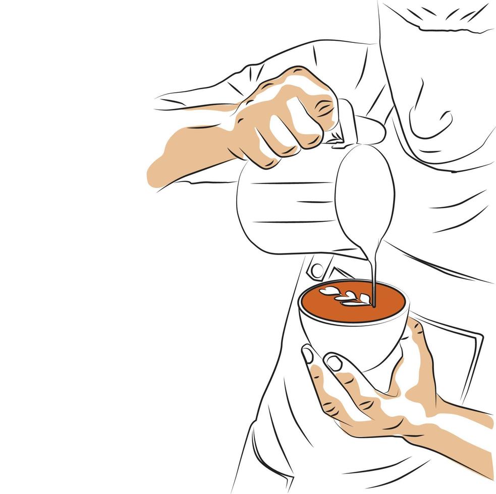 Sketch of Barista pouring milk on coffee vector