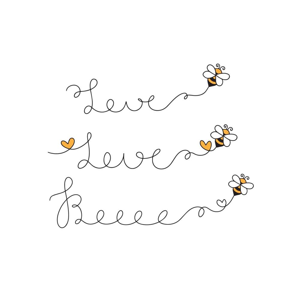 Cartoon flying bee set. The flight path of a bee to honey. Love and bee design vector