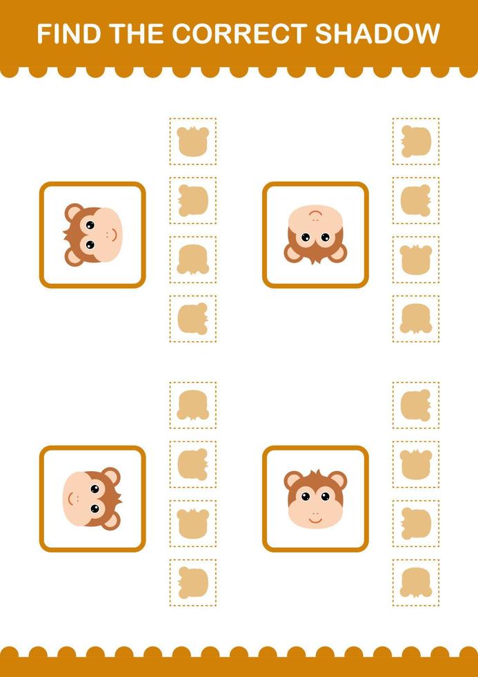 Find the correct shadow Monkey face. Worksheet for kids vector