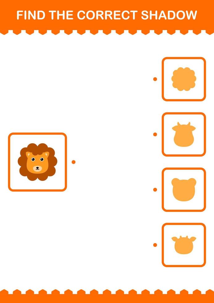 Find the correct shadow Lion face. Worksheet for kids vector