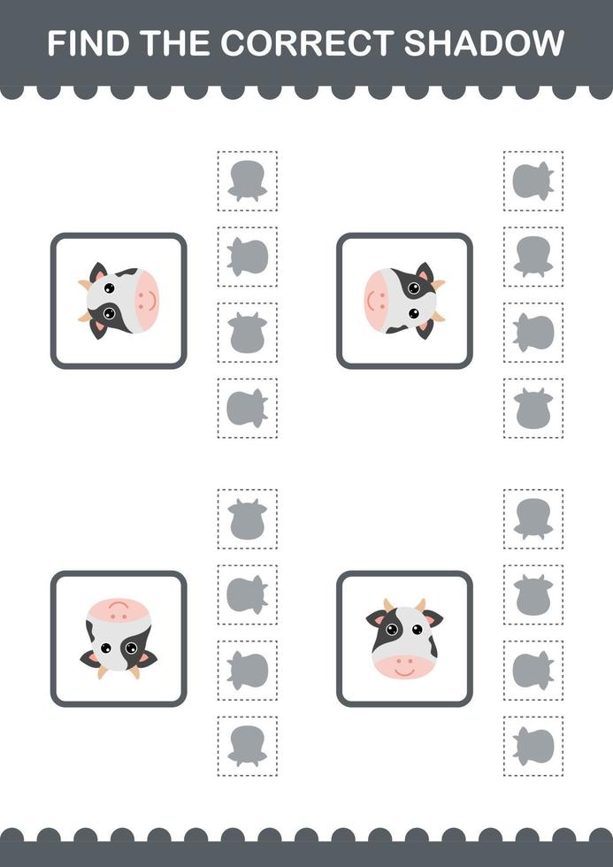 Find the correct shadow Cow face. Worksheet for kids vector