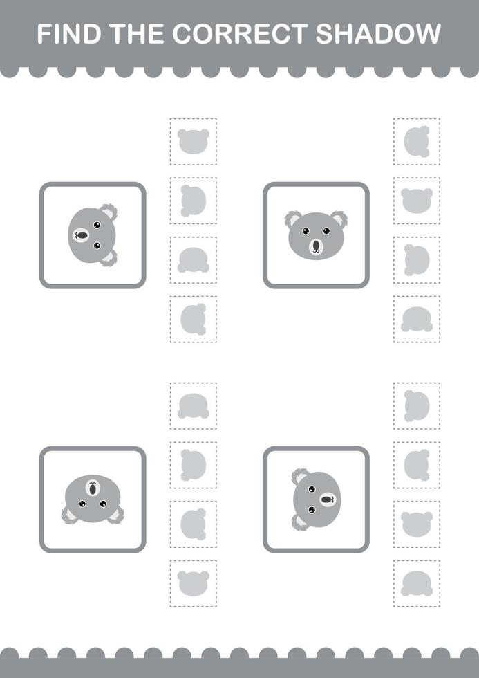 Find the correct shadow Koala face. Worksheet for kids vector