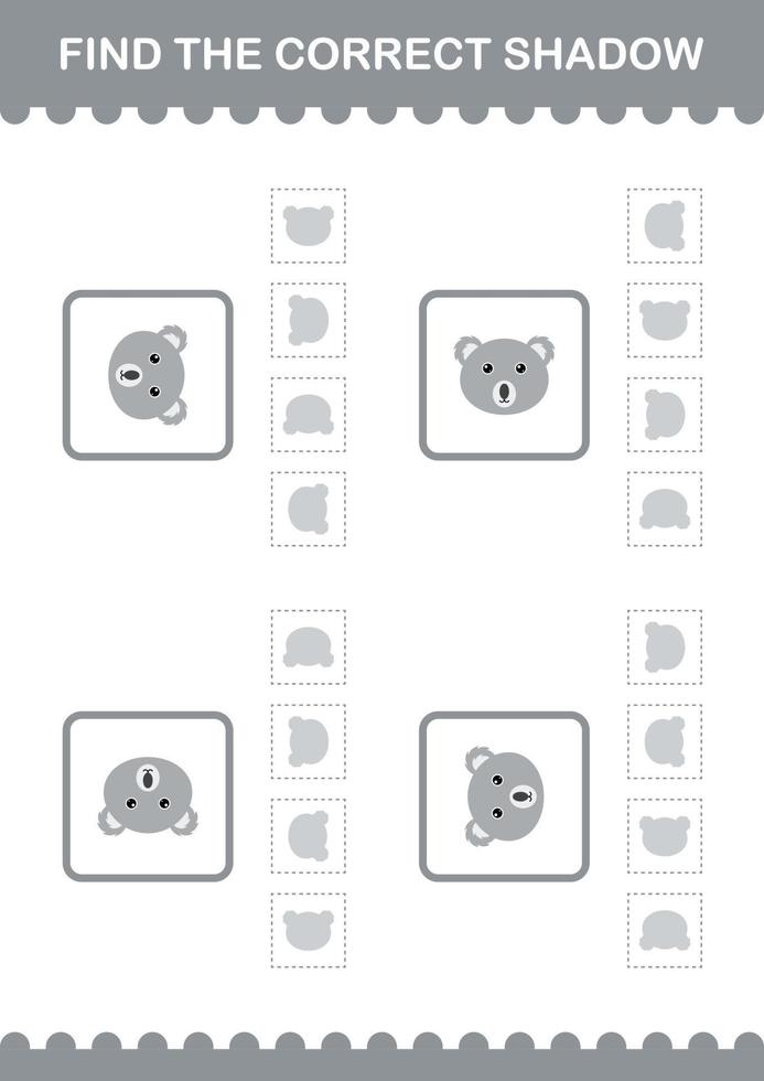 encuentra la cara de koala de sombra correcta. hoja de trabajo para niños vector