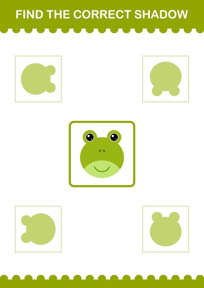 Find the correct shadow Frog face. Worksheet for kids vector