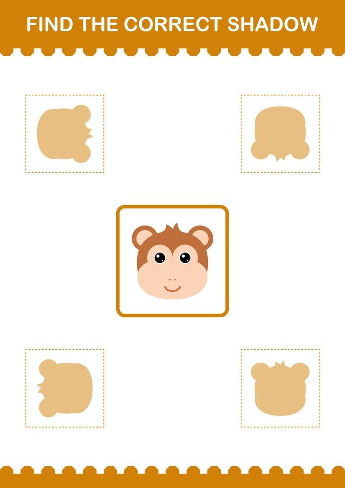 Find the correct shadow Monkey face. Worksheet for kids vector