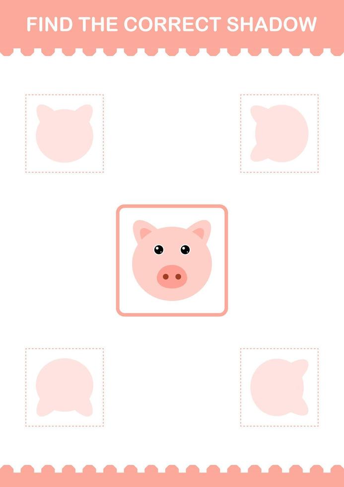 Find the correct shadow Pig face. Worksheet for kids vector