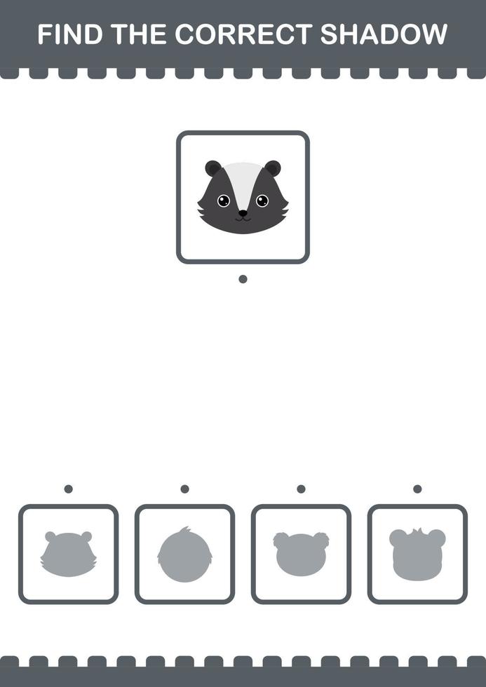 Find the correct shadow Skunk face. Worksheet for kids vector