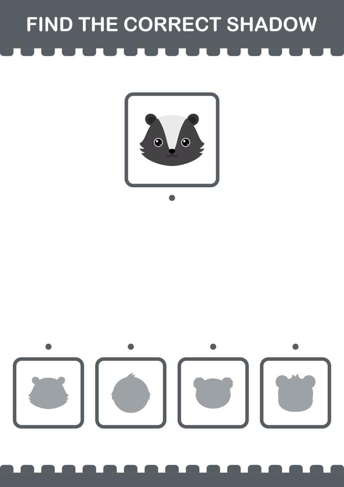 encuentra la cara de mofeta de sombra correcta. hoja de trabajo para niños vector