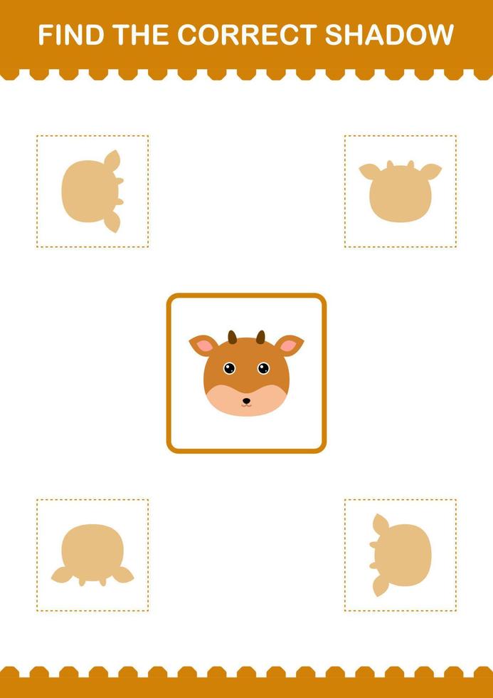 Find the correct shadow Deer face. Worksheet for kids vector