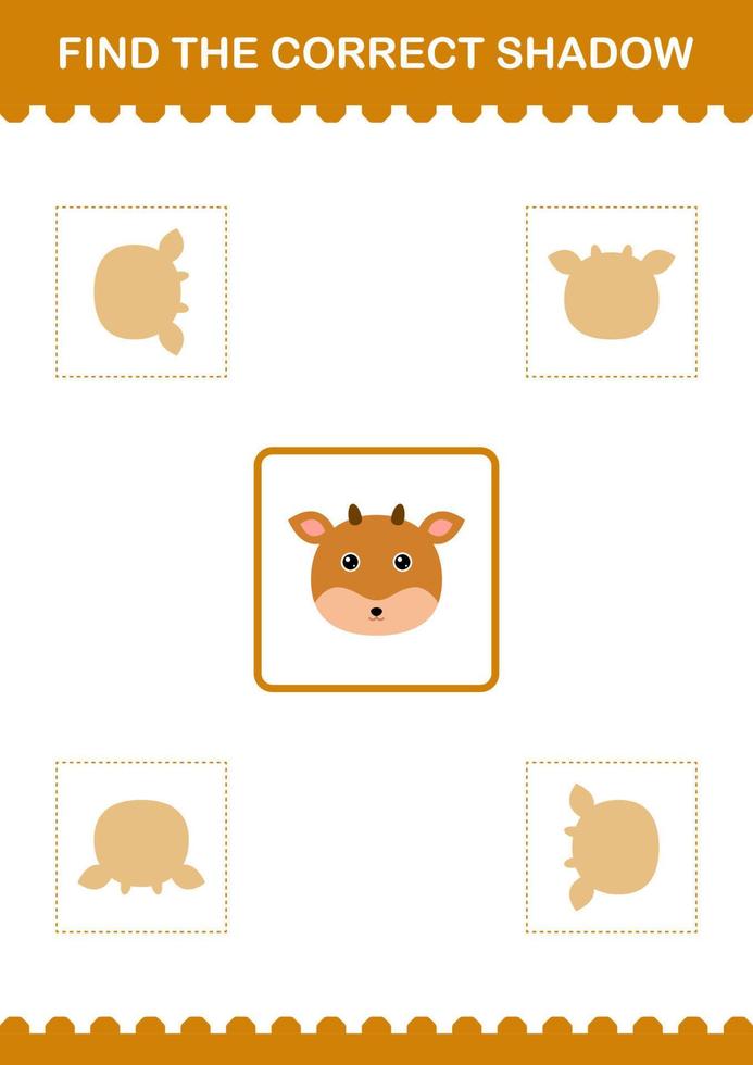 Find the correct shadow Deer face. Worksheet for kids vector