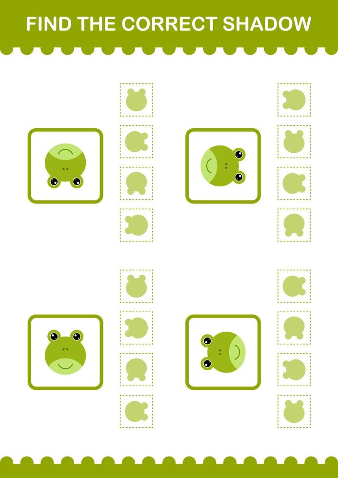 Find the correct shadow Frog face. Worksheet for kids vector
