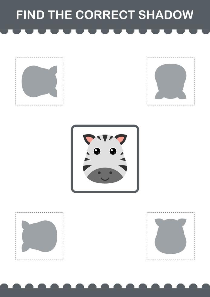 Find the correct shadow Zebra face. Worksheet for kids vector