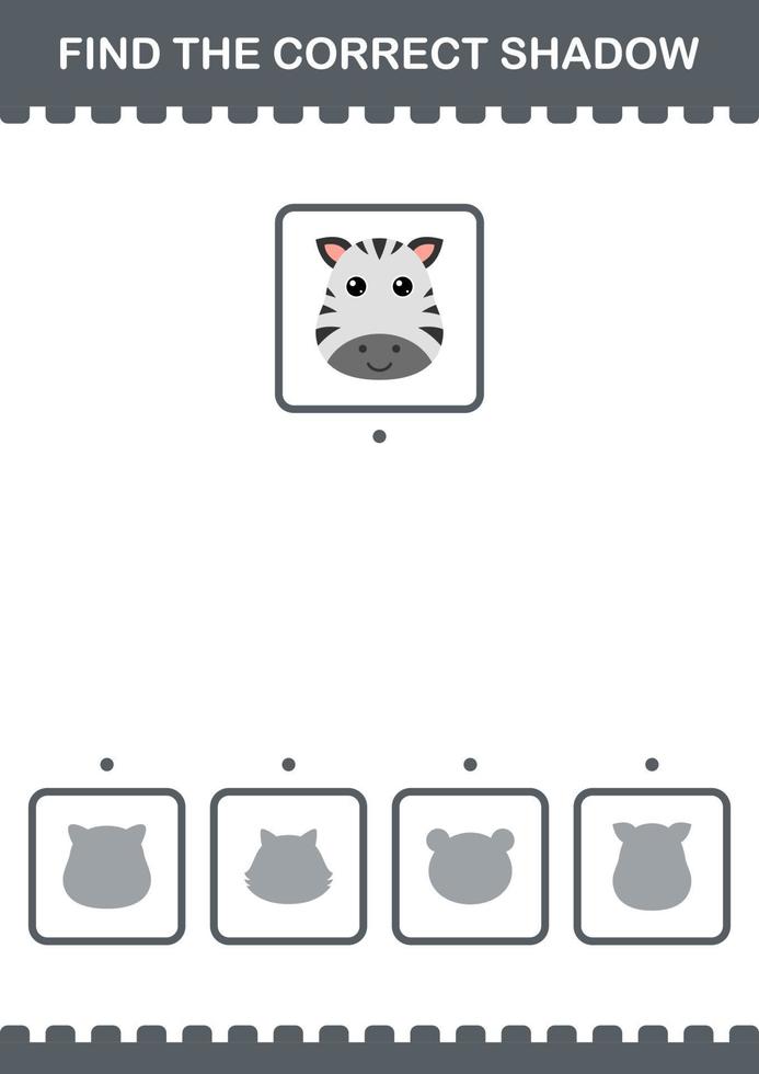 Find the correct shadow Zebra face. Worksheet for kids vector