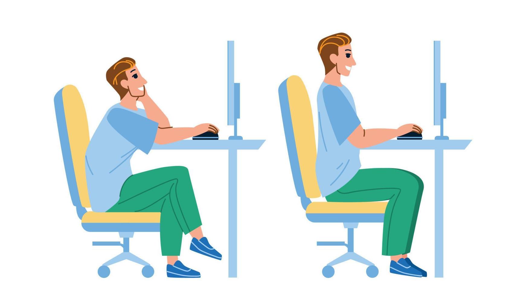 The correct position posture when working at the computer. A man sits at a  table with a monitor. Spinal curvature. Good posture. Healthy back.  Isolated vector illustration 8424349 Vector Art at Vecteezy