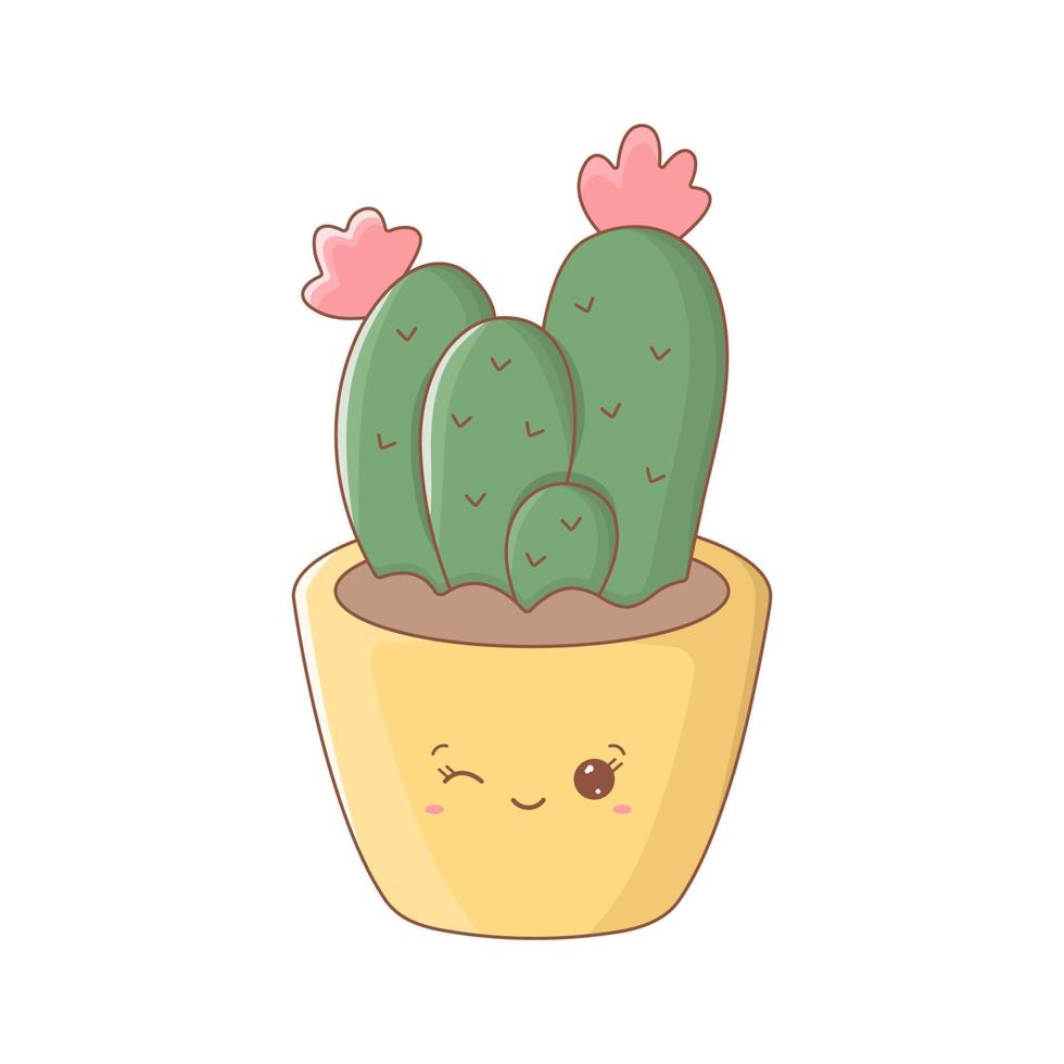 Cute cactus with funny face. Colourful cartoon house plant with kawaii face. Vector illustration isolated on white background