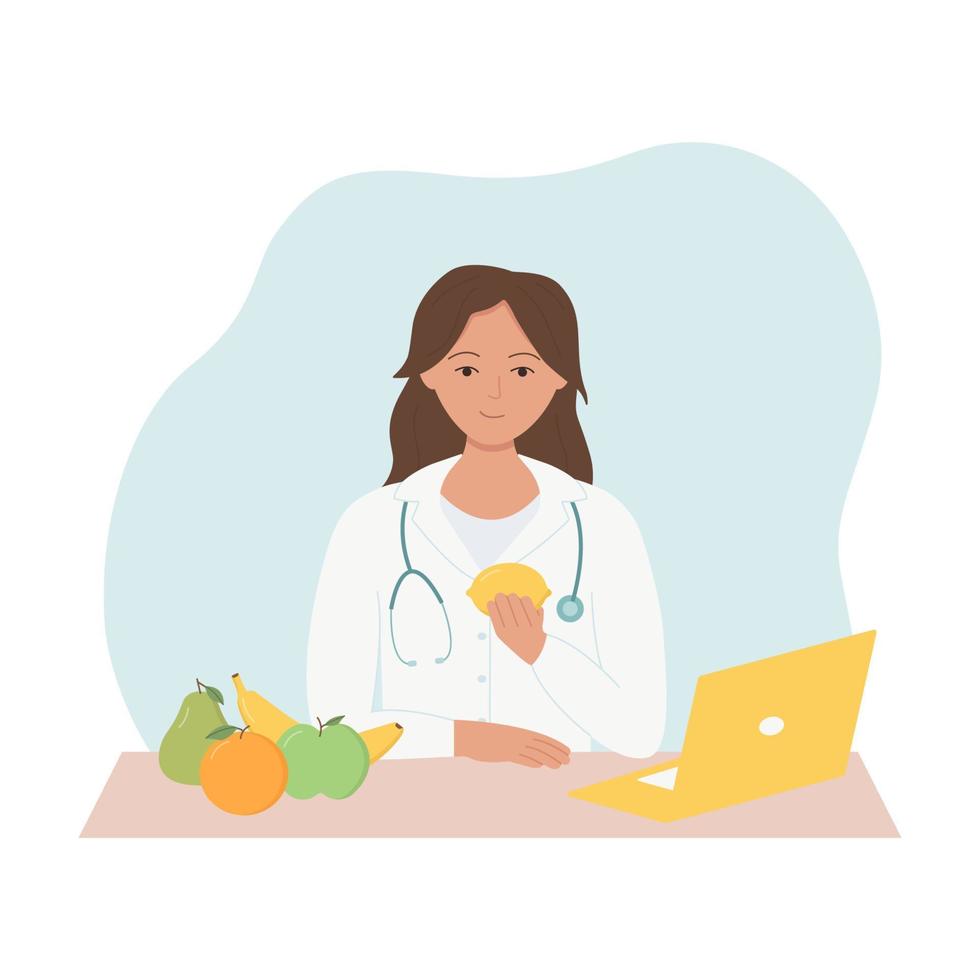 Nutritionist doctor concept with fresh fruits. Dietician woman recommends a healthy diet. Vector illustration in flat style