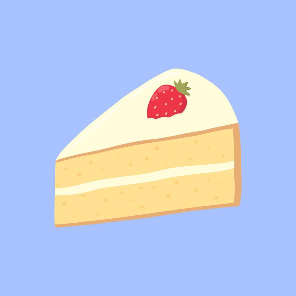 Cute a piece of cake or sponge cake with white frosting and strawberries. Cartoon style. Great design for any purposes. Vector illustration