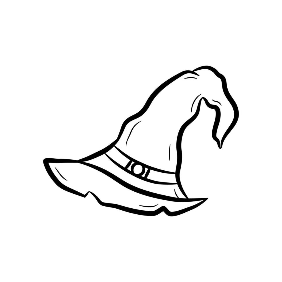 Simple hand drawn witch hat. Black outline witch hat isolated on white background. Doodle style. Halloween symbol for any purposes. Vector illustration