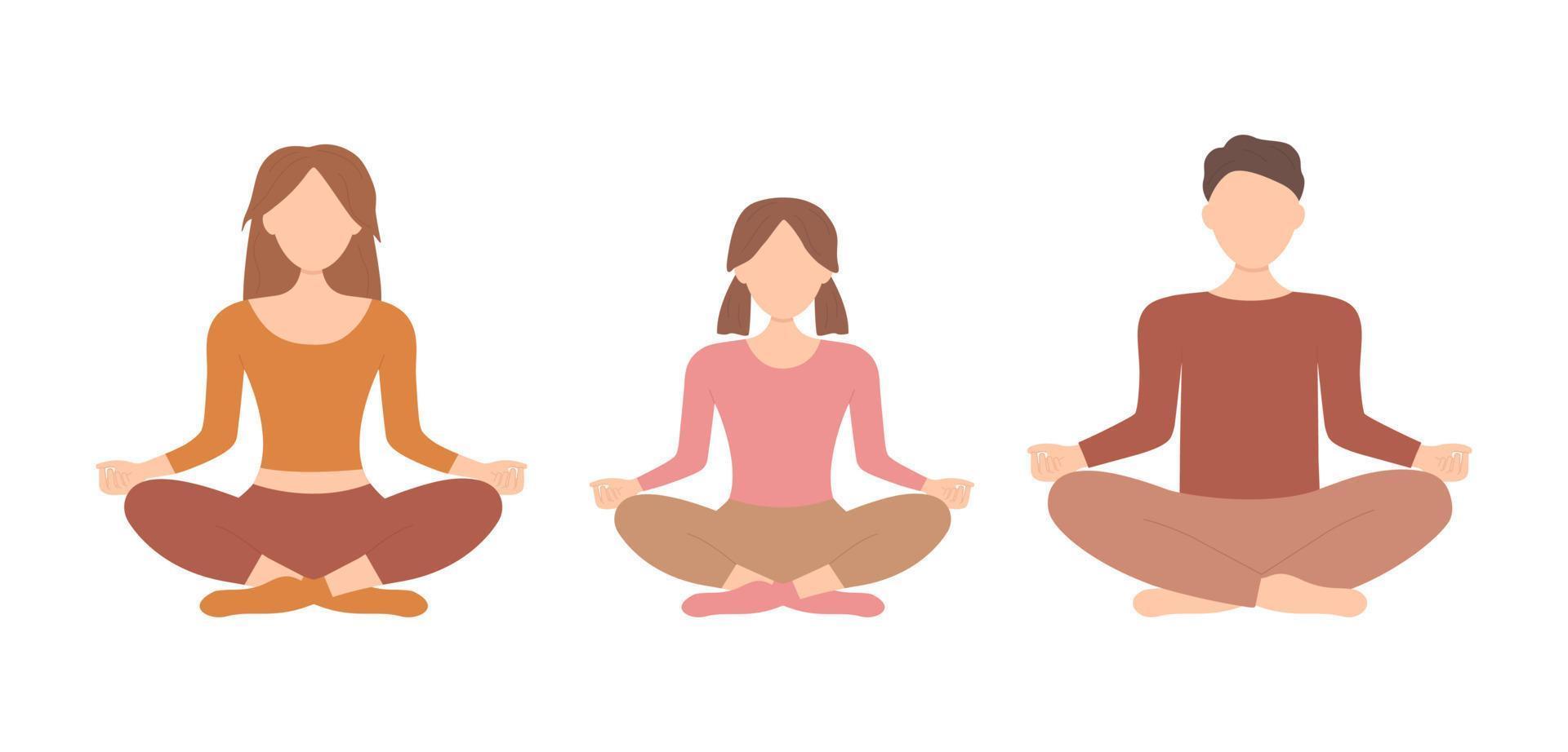 madre, hija y padre meditan en posición de loto. meditación y yoga. ilustración vectorial en estilo plano aislado sobre fondo blanco vector