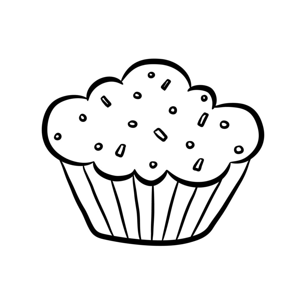 Simple hand drawn muffin with chunks on white background. Black muffin for posters, postcards, recipes. Doodle style. Vector illustration