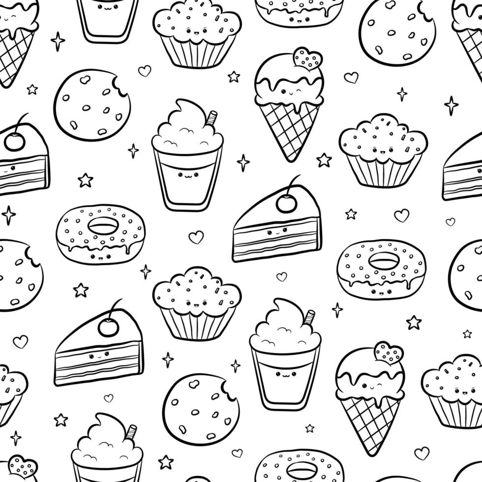 Seamless pattern with doodles kawaii sweets and dessert food. Ice cream, donut, coffee, muffin, cake and cookie. Vector