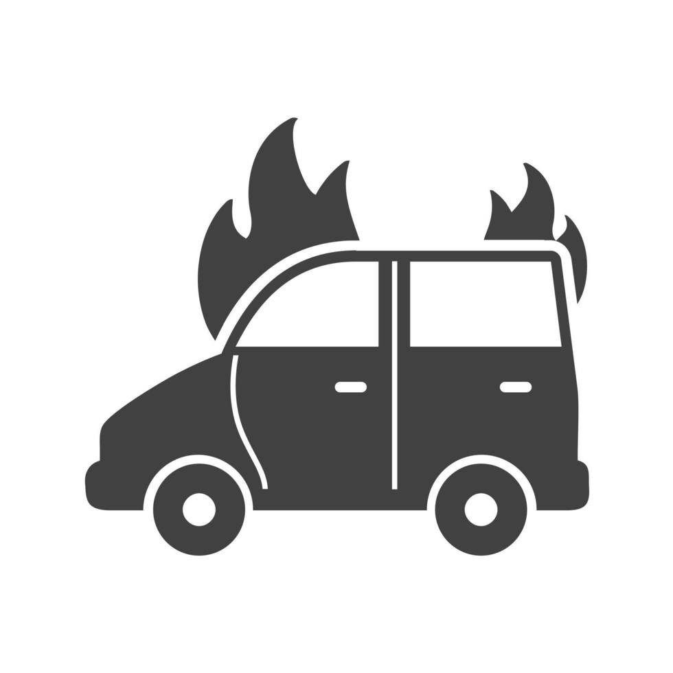 coche en llamas glifo icono negro vector