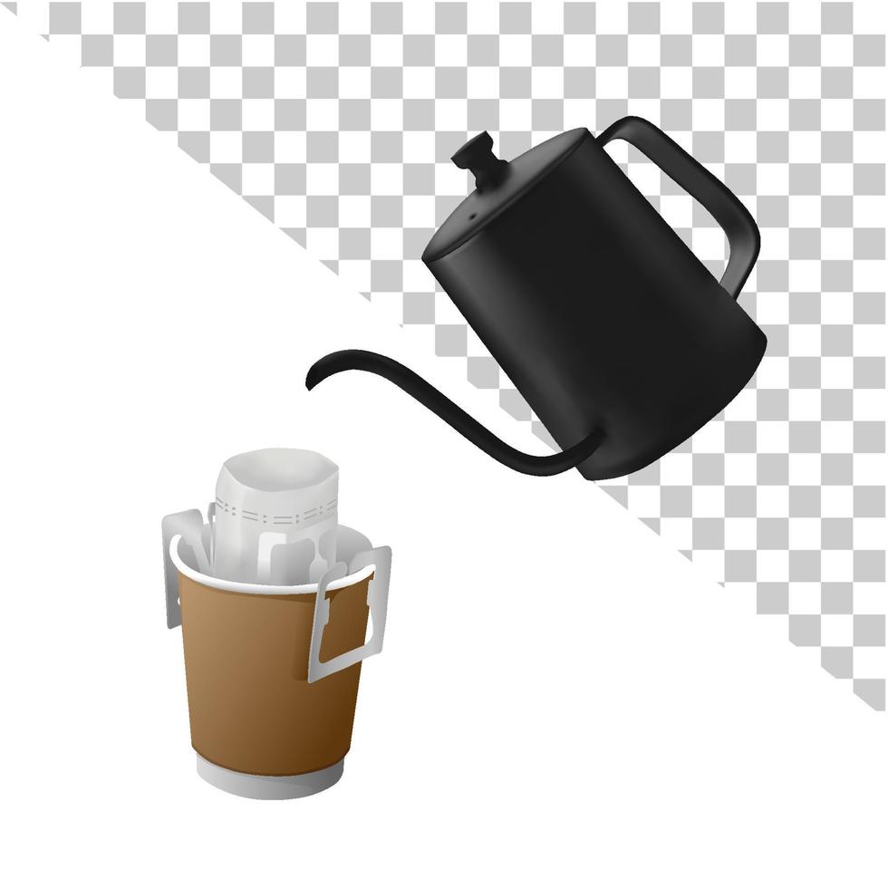 Drip coffee with portable drip bag vector on white background. Craft cup with the black kettle