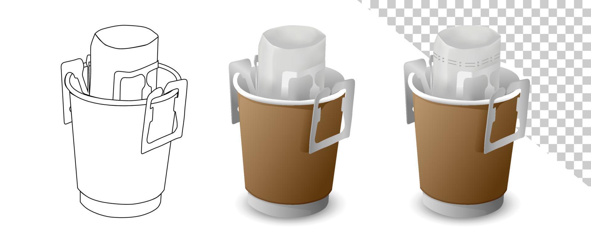 Drip coffee with portable drip bag vector on white background. Craft cup with coffee bag in cup.